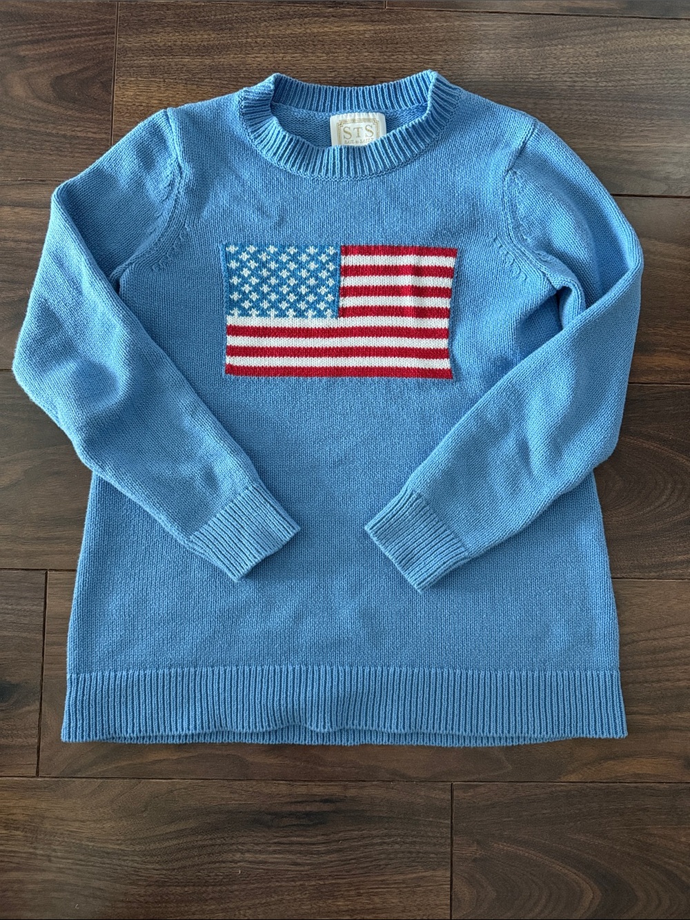 Sail to Sable Light Blue Crewneck Sweater with Flag Motif Americana